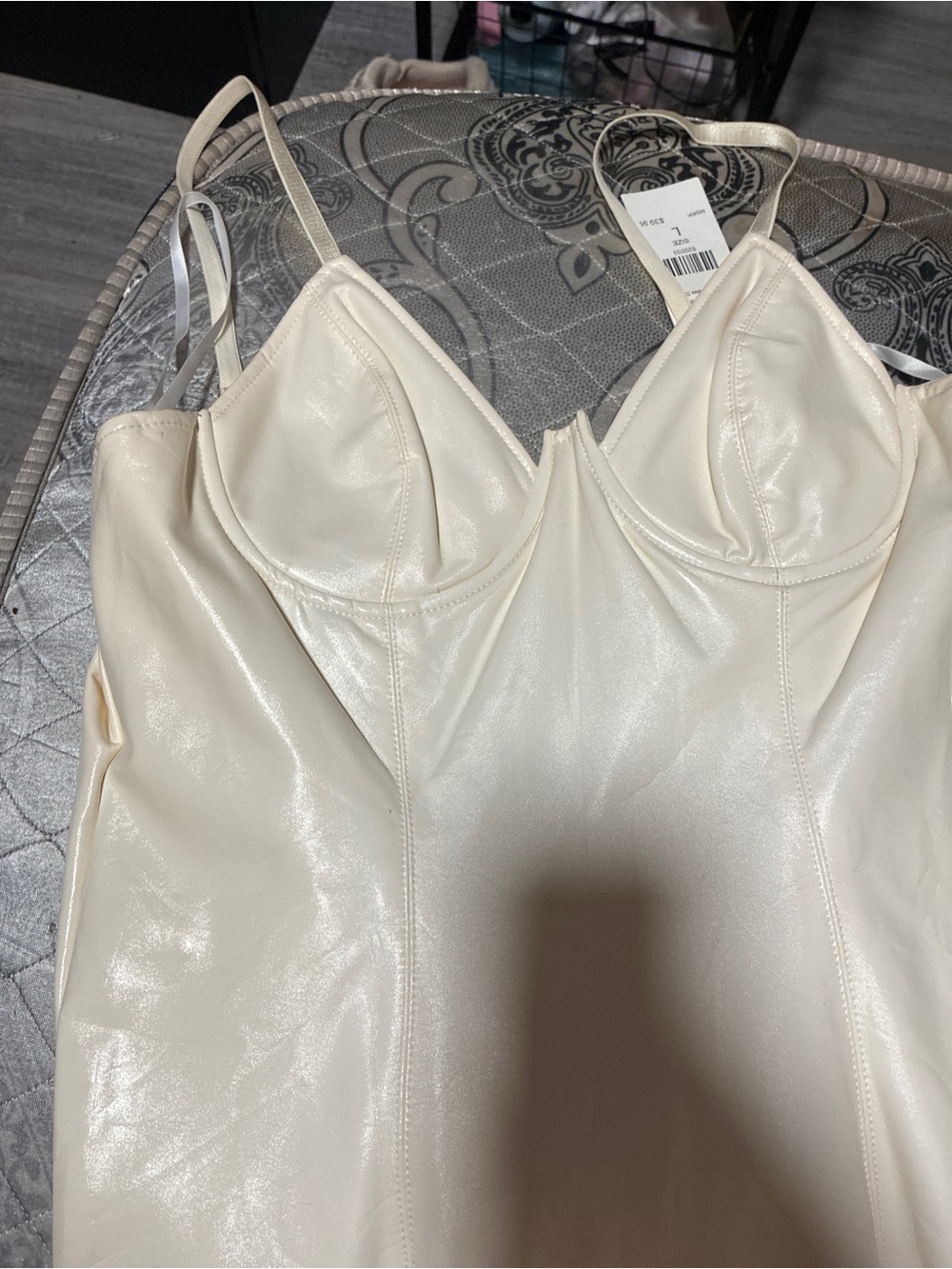 Fashion Nova Cream Faux-Leather Mini Slip Dress